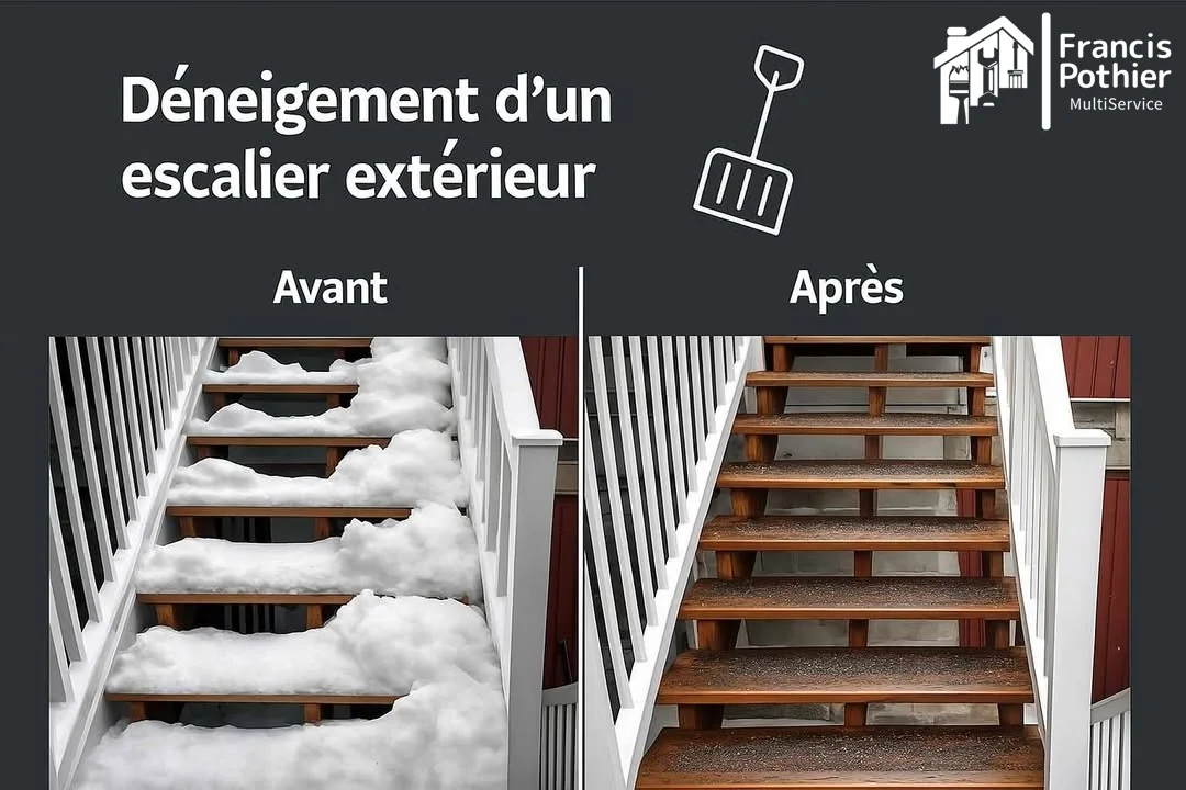 Comparaison avant et après le déneigement manuel d’un escalier extérieur
