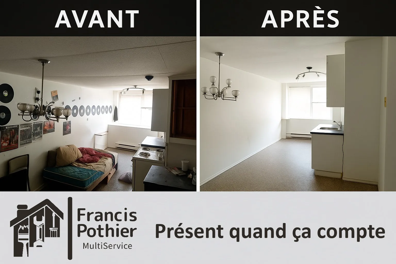 Comparatif avant et après : logement meublé puis vidé et dégagé après intervention FPMS