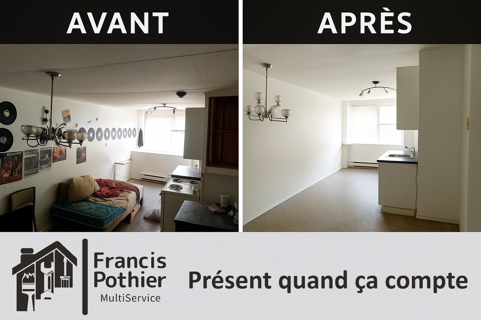 Avant et après nettoyage complet d’un logement vidé à Shawinigan – Francis Pothier MultiService
